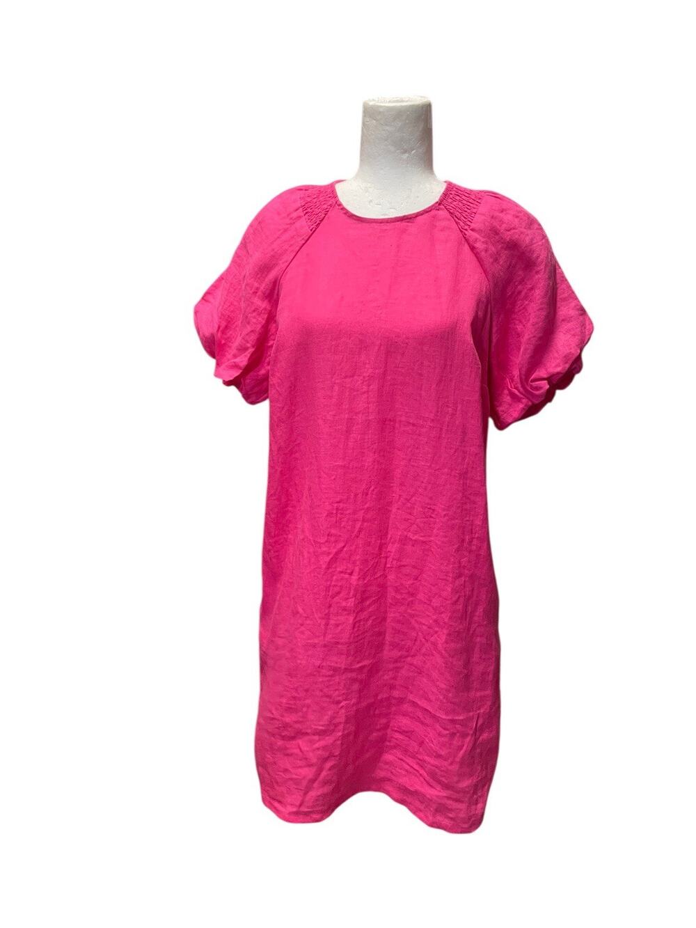 New Boden Puff Sleeve Linen Dress Hot Pink Size 6L Tall Pockets